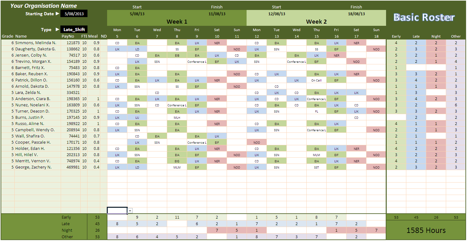 Staff Roster Template Excel Free Printable Receipt Template