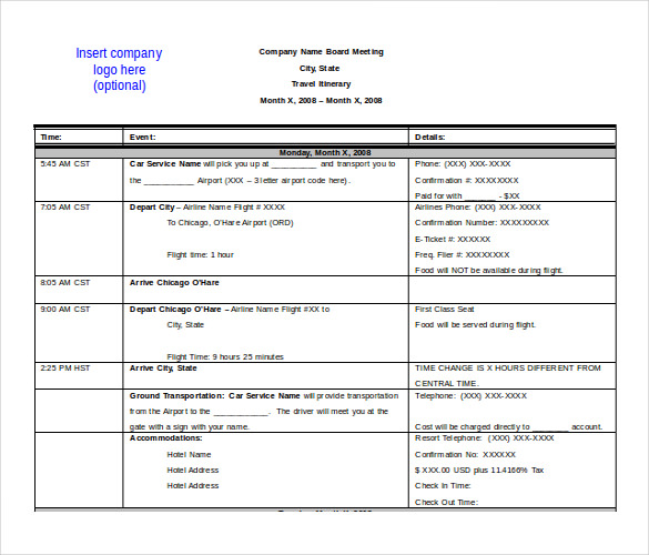 Travel Itinerary Template Word 2010 Printable Receipt Template