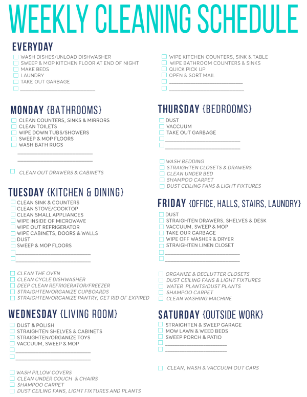 Weekly Cleaning Schedule Pdf Printable Receipt Template