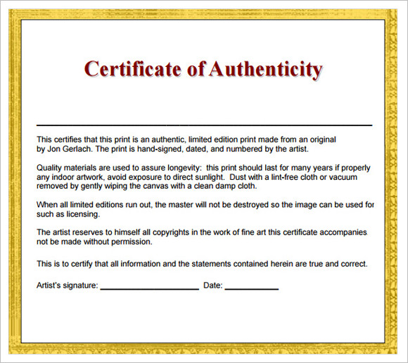 Certificate Of Authenticity Wording – printable receipt template
