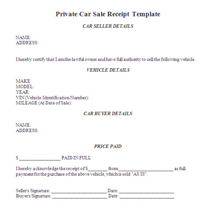 Printable Private Car Sale Receipt Template Printable Word Searches
